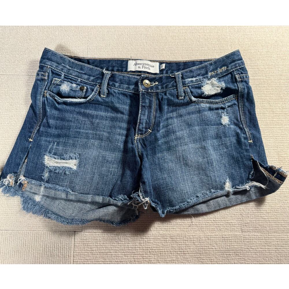 Y2K Retro Low Rise Abercrombie and Fitch Destressed Denim Shorts Raw Hem Fray 6